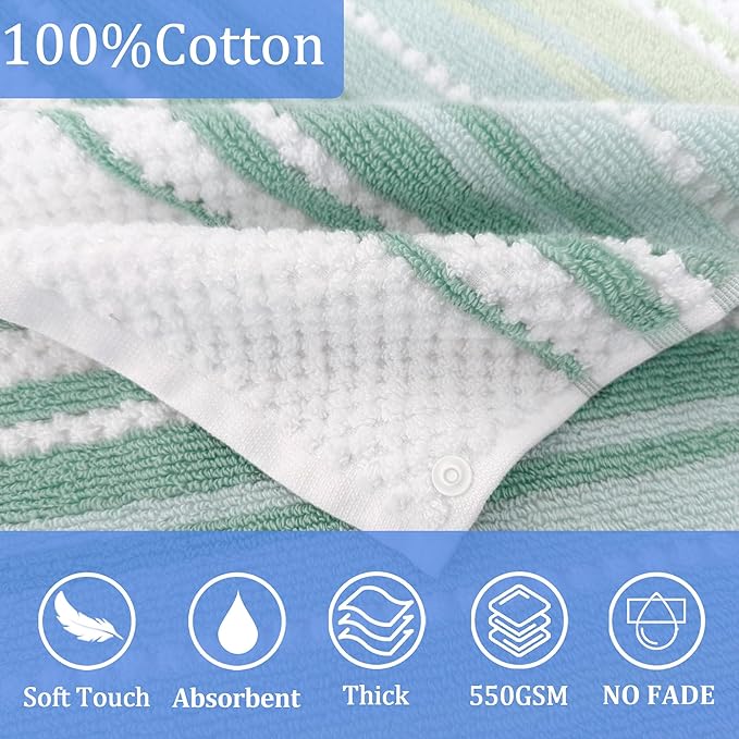Hooded Bath Towel for Teens (6-12 Years,64"X33") | Soft Fluffy Quick Dry Absorbent 100%Cotton Thick Towel Wrap for Big Kids | Versatile Beach, Pool, Swim & Bath Cover-Up | Light Green Vertical Stripe