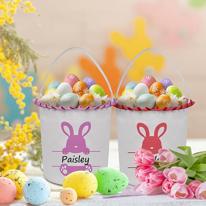 Easter Baskets for Girls Boys, Personalized Easter Basket with Name - Cute Red Bunny