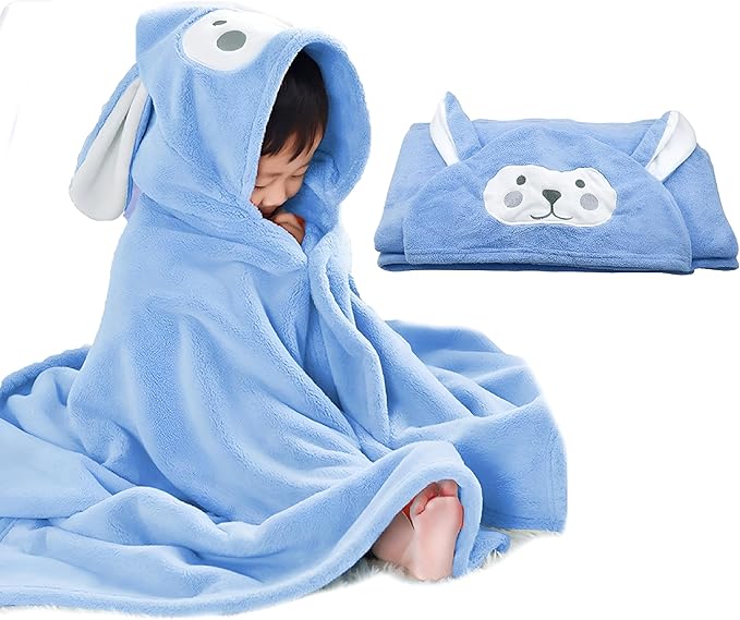 2pcs Microfiber Natural Fleece Soft Bath Towel for Kid with Cute Sheep Ears - Ultra Absorbent, Large Bath Towel for Boy and Girl - (Sheep 27.5 x 55 Inch) (Blue)