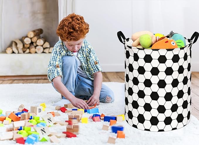 19.7 Inch Round Laundry Clothes Hamper Laundry Basket with Handles,Storage Organizer Bins Laundry Gift Basket for Room, Bedroom Decor (Football)
