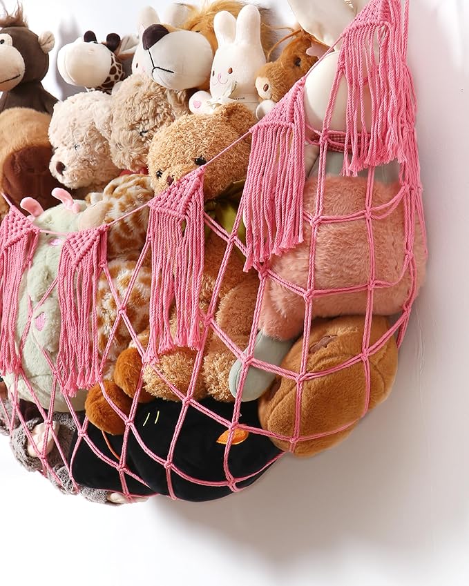 Macrame Stuffed Animal Hammock Toy Storage with Lights - Small Wall Net Toys Storage Stuff Animal Organizer Holder,Pink Room Decor for Teen Girls,Boho Nursery Bedoom Decor Aesthetic