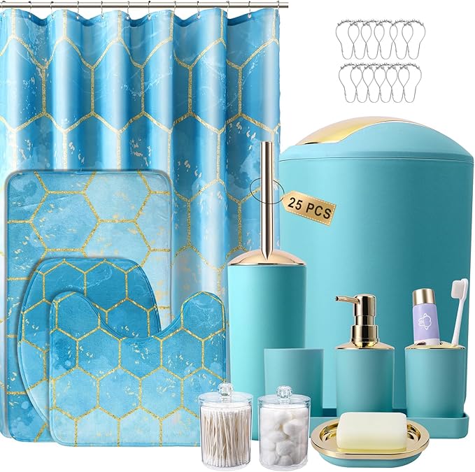 25 Pieces Bathroom Set Teal and Gold Bathroom Accessories Set, Shower Curtain and Rugs, Trash Can, Toilet Brush, Soap Dispenser, Soap Dish, Toothbrush Holder, Tumbler, Tray, Qtip Holder