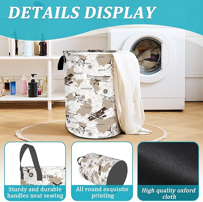 Airplane Laundry Basket, Vintage transportation Laundry Hamper World Map Tote Bag Dirty Clothes Storage Bucket Toy Organizer for Bathroom/Laundry/Bedroom 15.7"x19.6"