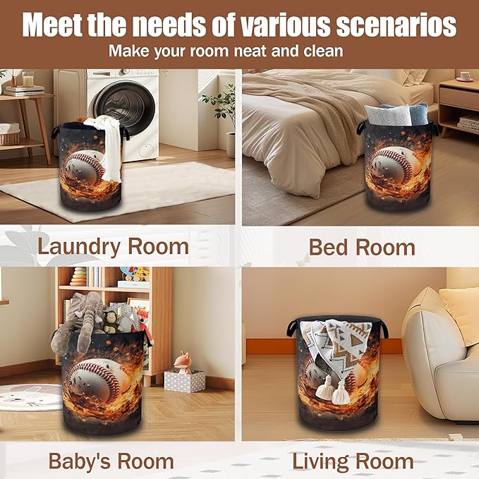 Sport Baseball Ball In Fire Laundry Hamper, Collapsible Laundry Baskets Waterproof Oxford Cloth With Handles,Clothes Storage Bucket Toy Organizer For Bathroom/Nursery/Bedroom 16" x 20.8"