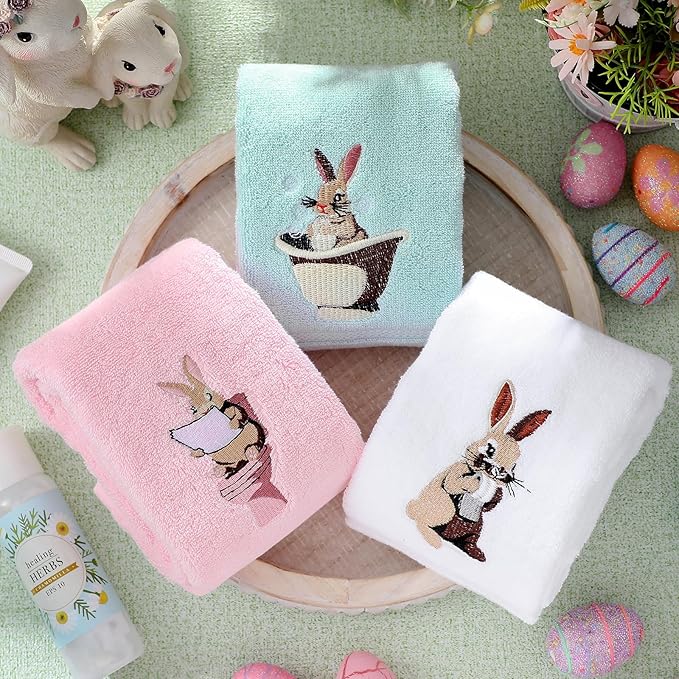 3 Pack Easter Hand Towels 13.4 x 29.2 Inch Cotton Embroidered Happy Easter Bunny Bathroom Towel Absorbent Decorative for Hand Drying Cleaning Gift