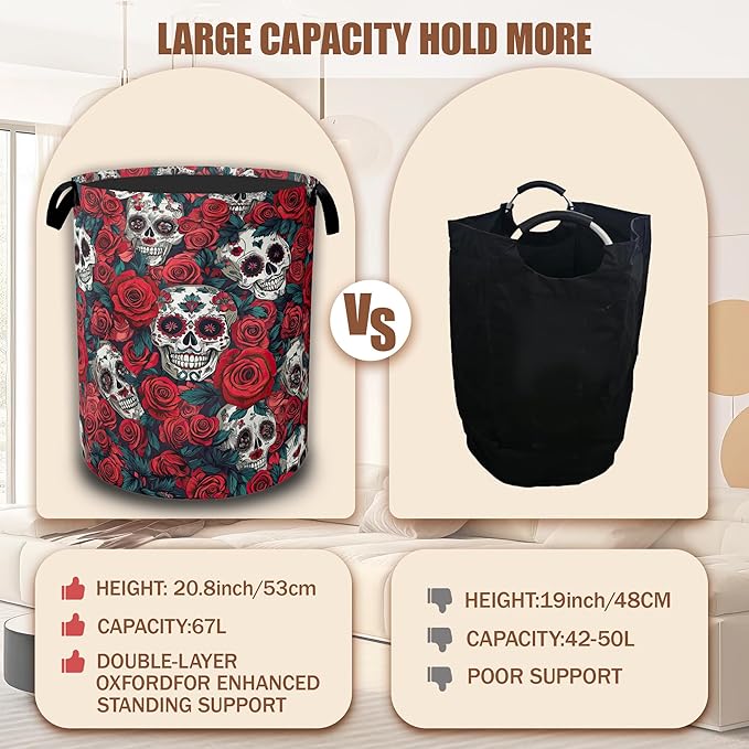 Skull Red Rose Laundry Hamper,Flowers Skeleton Laundry Baskets,Waterproof Oxford Cloth Toy Storage for Bedroom,Bathroom,Nursery,16x20.8 Inch