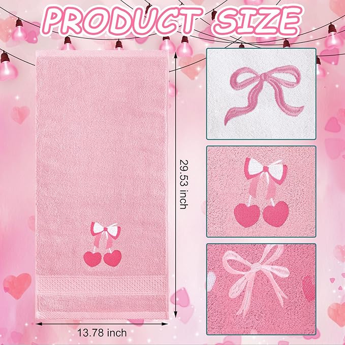 3 Pcs Bow Heart Hand Towels for Bathroom Embroidered Bathroom Towels Farmhouse Decorative 13.78 x 29.53 Inch Absorbent Soft Cotton for Kitchen Dish Fast Drying Decor