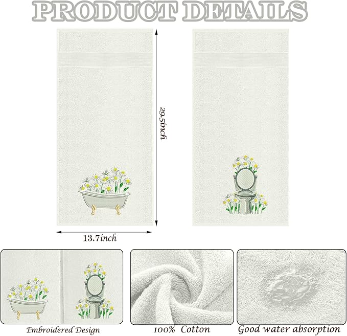 2pcs White Daisy Hand Towels for Bathroom Decorative Towels Set 100% Cotton Cute Embroidered Spring Summer Floral Bath Towels Dish Kitchen Towels Farmhouse Bathroom Decor Gift(White Daisy)