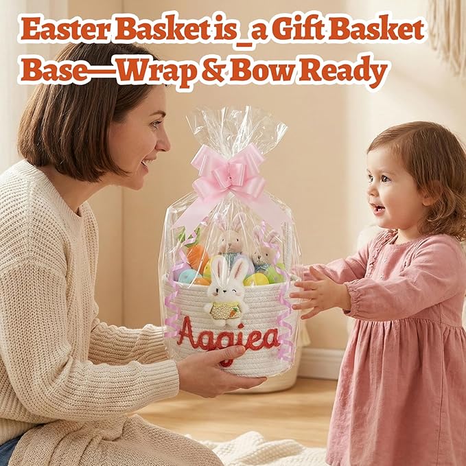Personalized Easter Basket for Kids with Name - Custom Cute Embroidery Easter Bunny Rope Basket for Boys Girls, Easter Egg Hunt Basket (Two Handles+7 Colors)