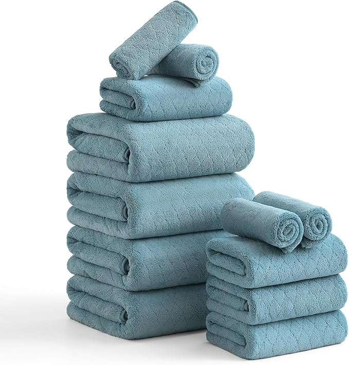 Hailea Luxury Bath Towels Set - 12 Piece (4 Large Bath Towels,4 Hand Towels,4 Washcloths), 100% Microfiber,Extra Absorbent Super Soft & Quick Dry,Complete Family Pack for Bathroom Gym Pool,Turquoise