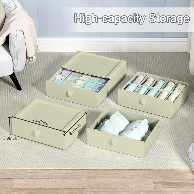 Underwear Organizer Drawer, 15 Cells Plastic Socks Drawer, Stackable Closet Organizer, Storage Box for Bras, Panties, Snacks, Green