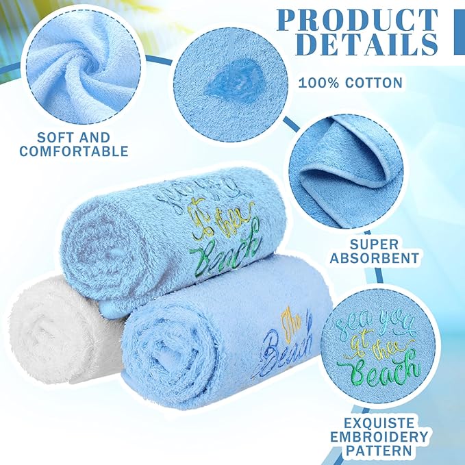 3 Pack Coastal Hand Towels for Bathroom 100% Cotton Embroidered Bathroom Towels 13.78 x 29.53 Inch Hand Towels Soft Absorbent Cotton Towel(Blue Series,Beach)