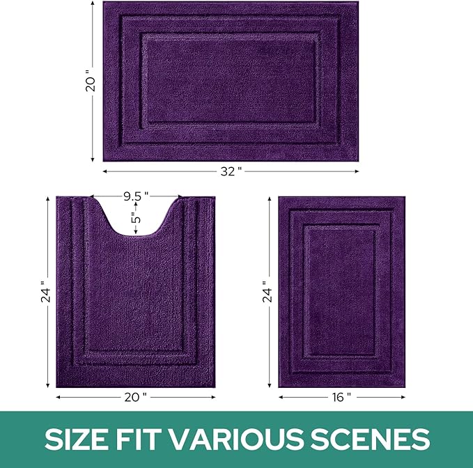 HOMEIDEAS Bathroom Rugs Sets 3 Piece, Super Soft and Absorbent Non Slip Microfiber Toilet Bath Mat with U-Shaped (Purple)