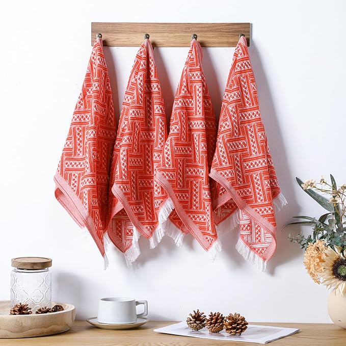 4 Pack Boho Bathroom Hand Towel 14 x 30 Inch 100% Turkish Cotton Decorative Boho Kitchen Hand Towel Farmhouse Bathroom Decor Set Absorbent Soft Guest Tea Gift(Red,White)