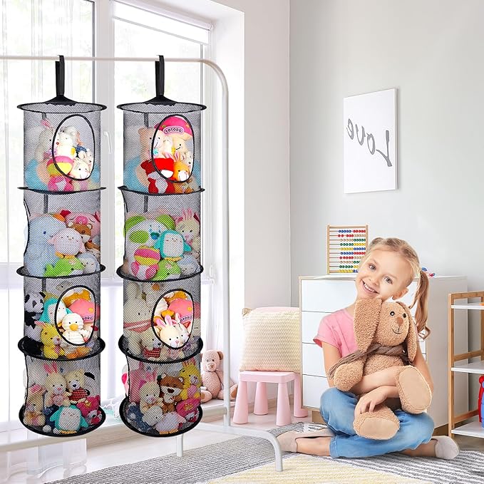 Basumee Stuffed Animals Net or Hammock 2 Pcs Stuffed Animals Storage Toy Net Hammock for Plushies Storage Organizer Mesh Kids Girls Room Decor, Black, 4 Tiers