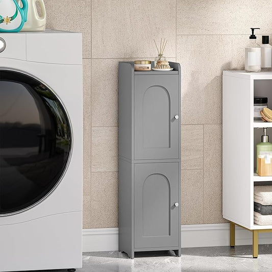 Bathroom Storage Cabinet, Small Corner Floor Cabinet with 2 Doors and Adjustable Shelf, Narrow Toilet Paper Cabinets, Bathroom Organizer for Small Spaces, 7.9" D x 7.9" W x 29.5" H Gray