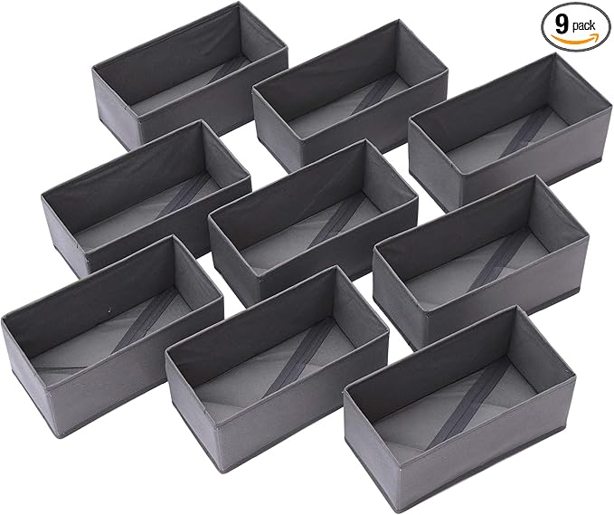 DIOMMELL 9 Pack Foldable Cloth Storage Box Closet Dresser Drawer Organizer Fabric Baskets Bins Containers Divider for Clothes Underwear Bras Socks Lingerie Clothing, M Grey 090