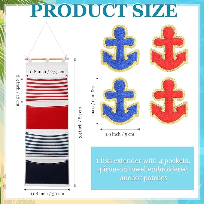 Fish Extender Cruise Gift Hanging Organizer with 4 Pockets and Iron on Anchor Patch Cabin Door Storage Bag 2026 Fe for Cruise Essentials Exchange Gift Pixie Dusting(Red, Blue)