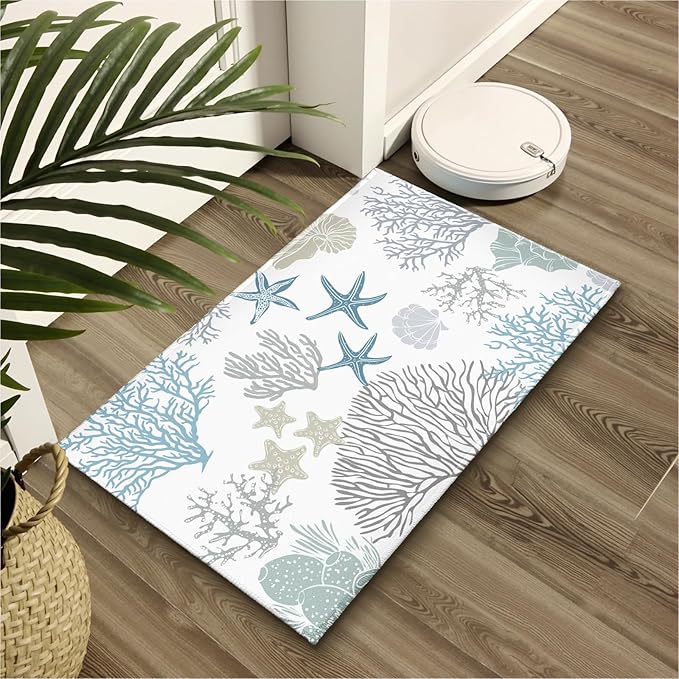 32x20in Coastal Bathroom Rug- Summer Ocean Coral Starfish Seashell Bath Mats- Blue Sea Nautical Non-Slip Seasonal Soft Velvet Bath Rugs for Shower Room Bathtub Sink Bedside Decor
