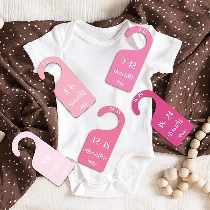 Whaline 7Pcs Pink Wood Baby Closet Size Dividers with Velvet Bag Newborn to 24 Month Thicken Infant Wardrobe Hanger Organizers for Home Nursery Party Favors Supplies