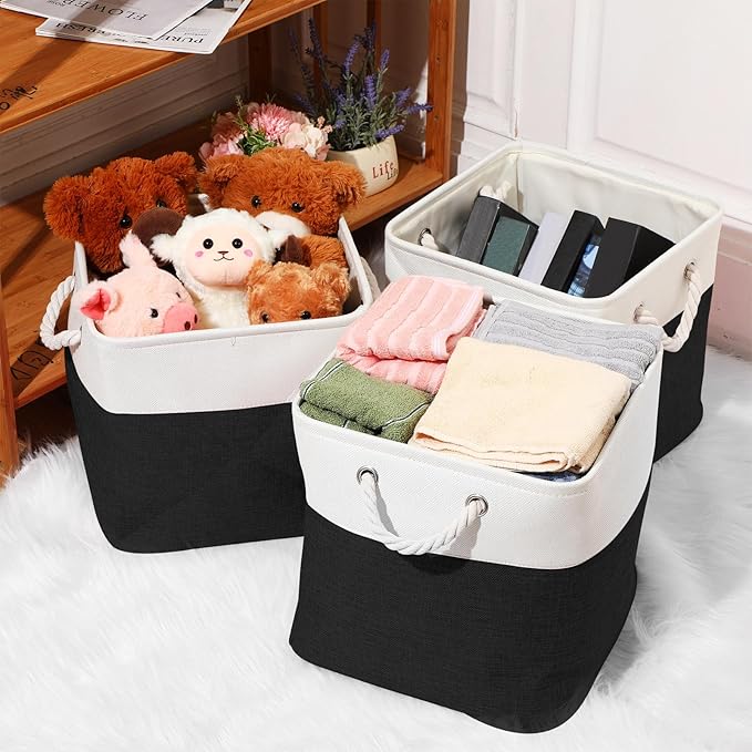 meekoo 8 Pack Collapsible Storage Bins Fabric Storage Bins Polyester Fabric Baskets with Handles Linen Closet Organizer for Shelf Home Closet Towels Toys(12 x 12 x 12 in,Black White)