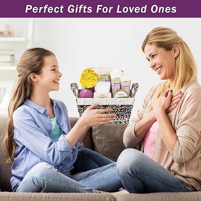 Spa Baskets For Women - Luxury Bath Set With Lavender & Tea Tree Oil - Spa Kit Includes Wash, Bubble Bath, Lotion, Bath Salts, Body Scrub, Hand Cream, Shower Puff, Bathbombs, Soap and Towel