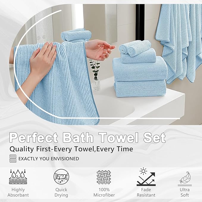 8-Piece Premium Towel Set for Bathroom|2 Oversized Large Bath Sheet,2 Hand Towels,4 Washcloths|Soft Cozy Highly Absorbent Fast Dry Microfiber Shower Towel Set for Hotel Bathroom Essentials,Blue