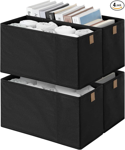 StorageWorks Narrow Storage Basket, Narrow Baskets for Shelves, Fabric Storage Bins with PU Handle, Perfect for Clothes, Underwear, Books, Socks, Black, 4-Pack
