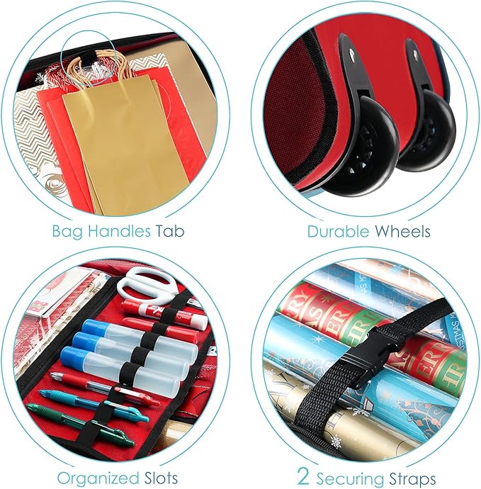 Hearth & Harbor Wrapping Paper Storage Container with Ribbon Dispenser and Interior Pockets - Large Christmas Storage Containers with Wheels, Fits 30 Rolls of 40" Length, Red