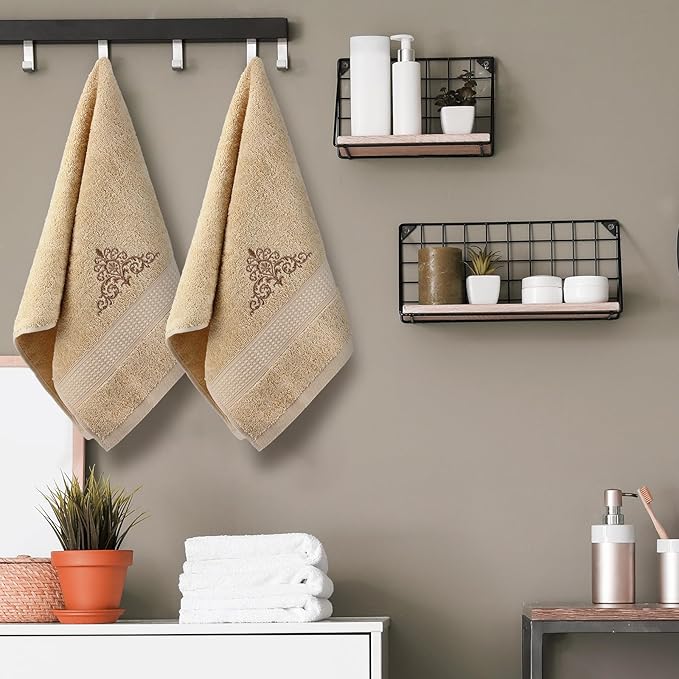 2 Pcs Damascus Hand Towels Brown Farmhouse Bathroom Decor 14x29 Inch Embroidered 100% Cotton Soft Absorbent Spring Summer Decorative Hand Towels for Bathroom Kitchen
