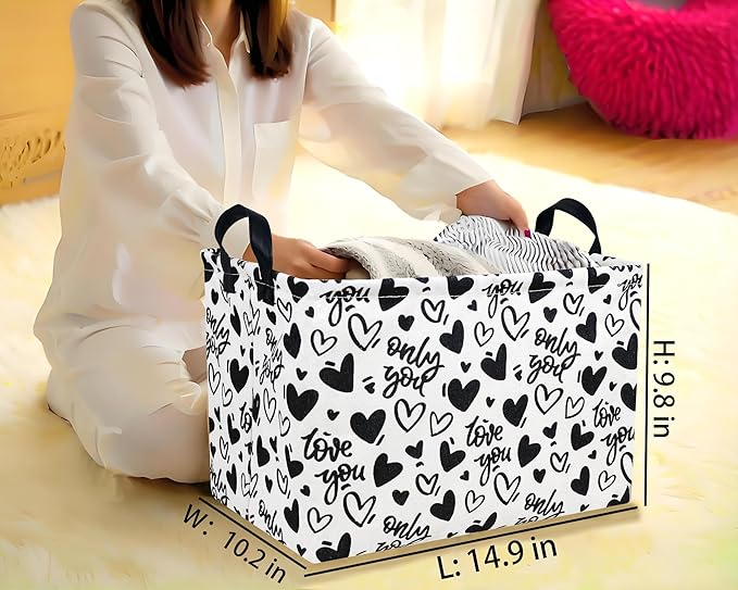 Large Valentine's Day Basket Heart Shaped Storage Bin for Gifts Collapsible Organizer Room Decor (Black Hollow Entity Love)