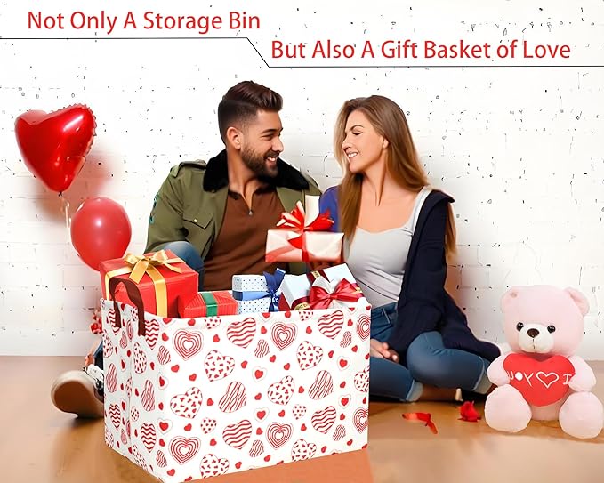 Large Valentine's Day Basket Heart Shaped Storage Bin for Gifts Collapsible Organizer Room Decor (Leopard Print Line Love)