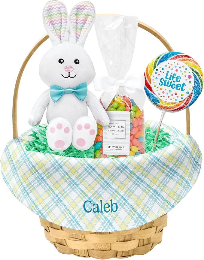 Let's Make Memories Personalized Easter Basket for Kids- For Boys - For Girls - Create Your Own - Fillable - Wicker - Easter Basket Stuffers - Small - Blue Fun Plaid