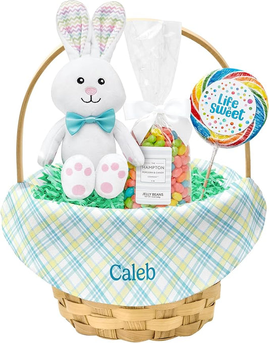 Let's Make Memories Personalized Easter Basket for Kids- For Boys - For Girls - Create Your Own - Fillable - Wicker - Easter Basket Stuffers - Small - Blue Fun Plaid