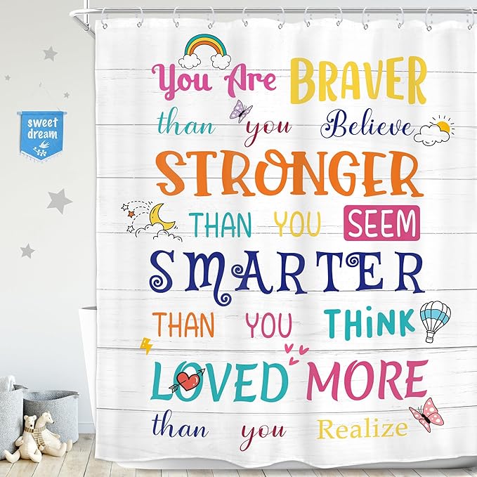 Homewelle Kids Quotes Shower Curtain Colorful Inspirational Motivational Positive Sayings 60Wx72H Inch Multicolor Encouragement for Children Toddler Waterproof Polyester Fabric Bathroom Bathtub