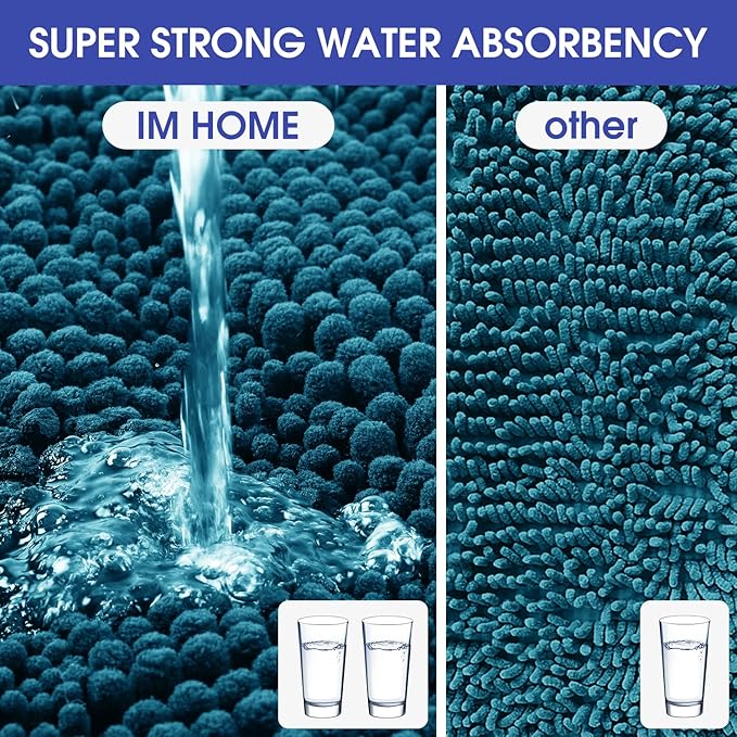 ACCUMTEK Comfydew Striped Teal Blue Bathroom Rug Set 3 Pieces Ultra Soft, Non Slip Chenille Toilet Mat, Absorbent Plush Shaggy Bath Mats for Bathroom, Bedroom, Kitchen