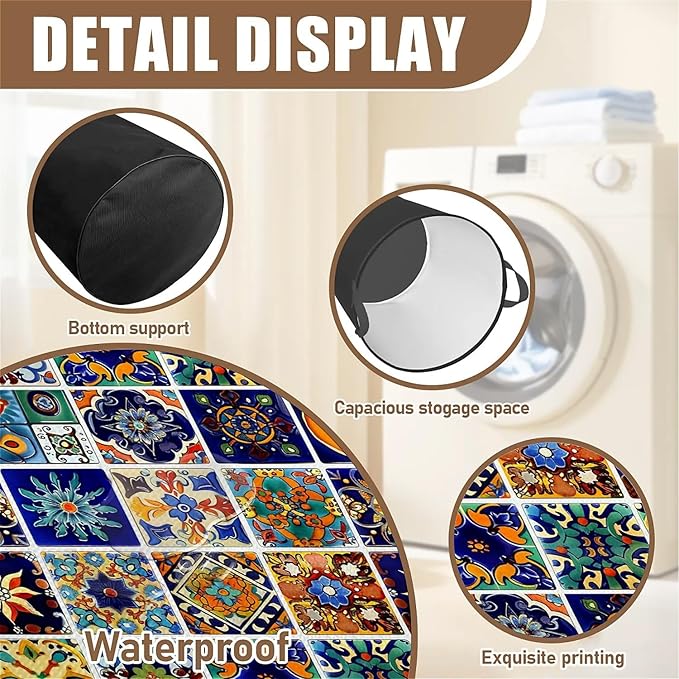 Talavera Mexican Tile Print Laundry Basket, Large Canvas Collapsible Organizer Storage Basket for Nursery,Office,Toy Organizer,Home,Decor - 19.7" X 15.7 "