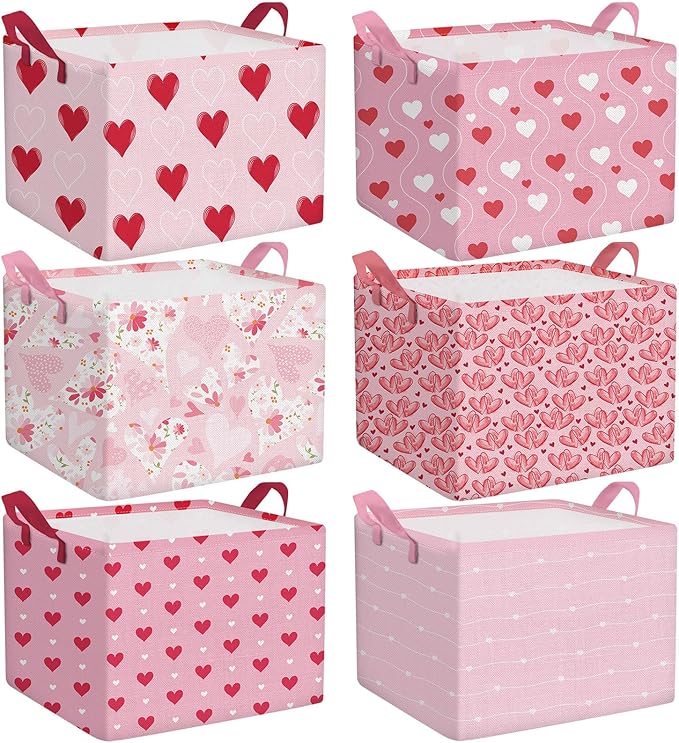 Youyole 6 Pcs Galentine's Day Gifts Basket Set Valentine's Day Storage Bins Pink Heart Empty Gifts Basket Organizer with Love Pattern Valentine Decorative Container Box with Handle for Closet Shelf