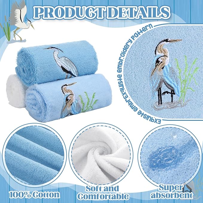 3 Pack Heron Coastal Hand Towels for Bathroom 100% Cotton Embroidered Beach Bathroom Towels 13.78 x 29.53 Inch Soft Absorbent (Blue Series, Heron)