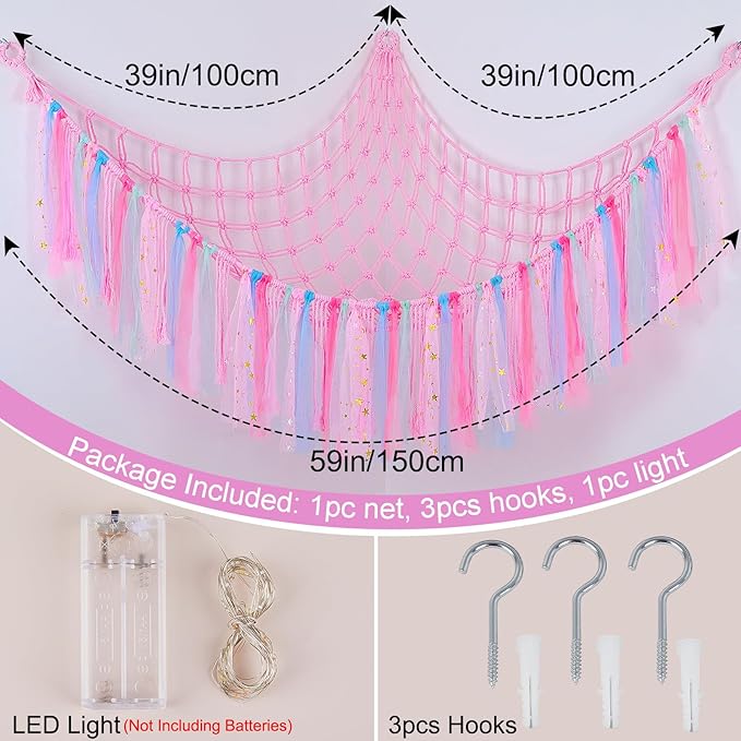 FIOBEE Stuffed Animals Net or Hammock with LED Light, Toy Hammock Hanging Stuffed Animals Storage Organizer Holder Room Décor for Nursery Kids Bedroom