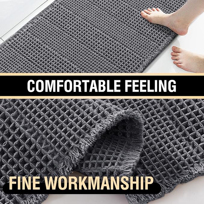 H.VERSAILTEX Waffle Bath Mat Super Absorbent Bathroom Mats Non Slip Bath Rugs for Bathroom Floor Machine Washable Ultra Soft Bathroom Rugs for Beside Tub, (32 x 20 Plus 24 x 60 - Inches, Grey)