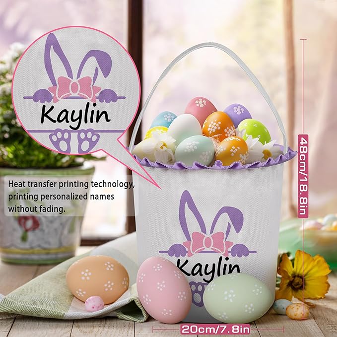 Easter Baskets for Girls Boys, Personalized Easter Basket with Name - Purple Bow Bunny