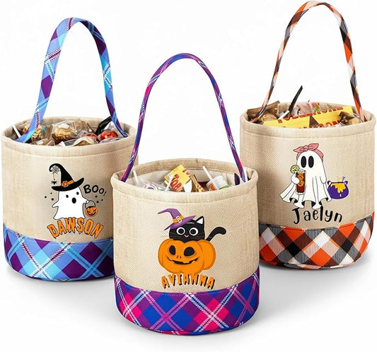 Kids Personalized Halloween Basket, Custom Name Trick or Treat Bag, Plaid Halloween Tote Bag, Pumpkin Candy Bucket for Toddlers, Boo Basket Gifts,Costume Accessory