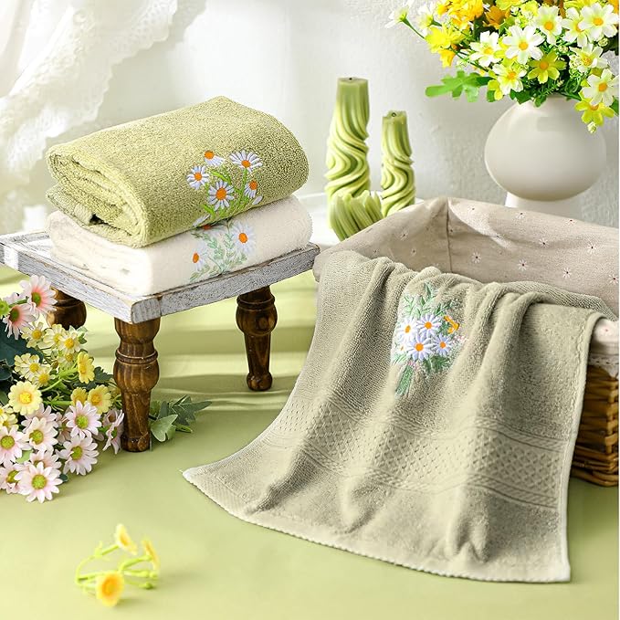 3 Pcs Daisy Floral Hand Towels Daisy Flowers Boho Bathroom Decor 14x29 Inch Cottage Core Embroidered Decorative 100% Cotton Soft Absorbent Hand Towels for Bathroom Kitchen