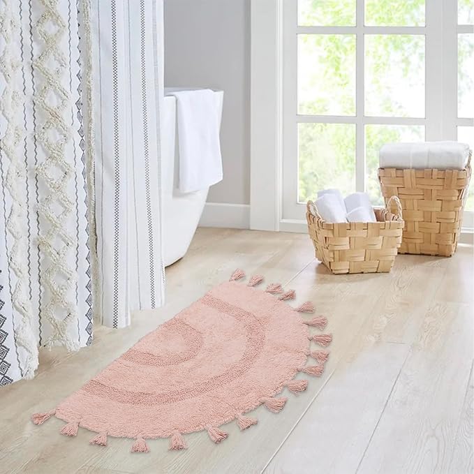 Half Circle Boho Bathroom Rugs with Tassels 100% Cotton Hand-Woven Bath Mat Non Slip Absorbent Bath Rugs with Rug Pad Washable Boho Bath Mat Carpet for Tub, Shower 20"x32",Pink