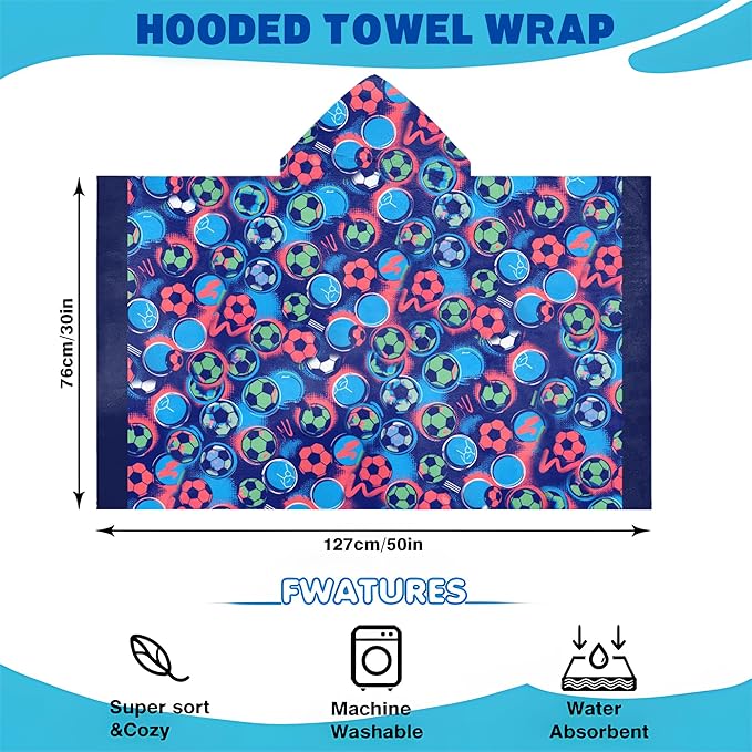 Hooded Towels for Kids -Toddler Beach Towel- Super Absorbent & Quick Dry 100% Cotton 30x50 Inch - to Kid Ages 3-10-Soccer Pattern Design