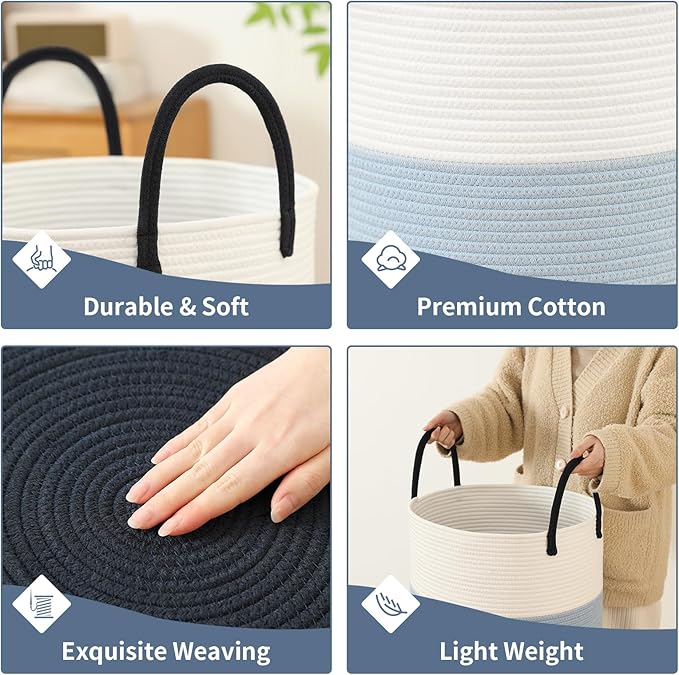 Woven Laundry Hamper Tall Rope Storage Basket for Blanket toys Dirty Clothes in Living Room Bathroom Bedroom (Gradient Blue, 100L/26.4Gal)
