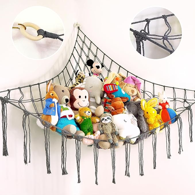 Large Stuffed Animal Hammock Corner - Stuffed Animal Storage - 100% Natural Cotton Macrame Stuffed Animal Net - Stuff Animal Organizer - Net for Stuffed Animals Corner Large-Gray