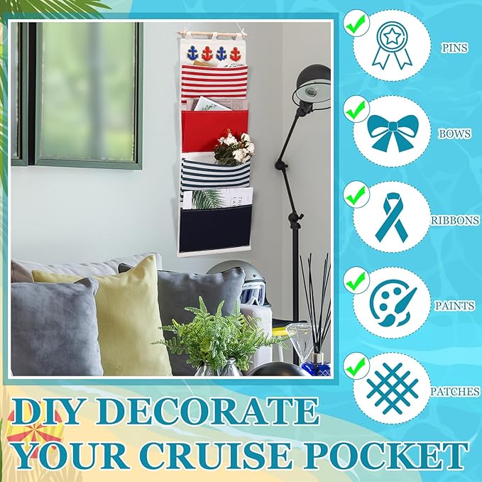 Fish Extender Cruise Gift Hanging Organizer with 4 Pockets and Iron on Anchor Patch Cabin Door Storage Bag 2026 Fe for Cruise Essentials Exchange Gift Pixie Dusting(Red, Blue)
