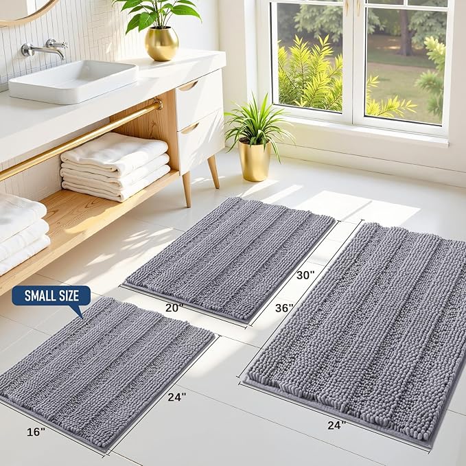 Grandaily Chenille Striped Bathroom Rugs 24x16, Extra Thick and Soft Absorbent Bath Mats, Rubber Backing, Plush Shaggy Shower Carpet, Machine Wash Dry, Bath Rug for Bathroom, Grey